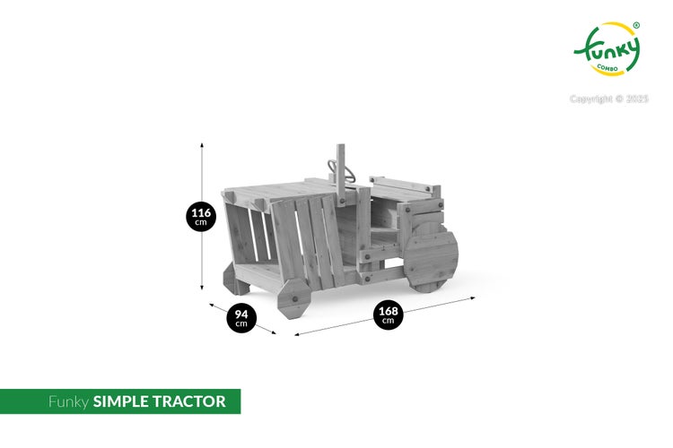 Holztraktor Funky SIMPLE TRACTOR mit Maßen: Höhe 116 Zentimeter, Breite 94 Zentimeter, Länge 168 Zentimeter. Funky Combo Logo.