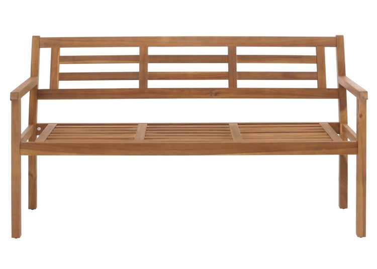 Dreisitzer Gartenbank aus Holz mit Armlehnen und Latten-Design.