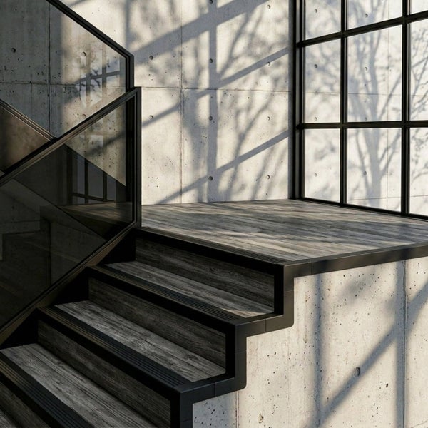 Moderne Treppe mit Stufen in Holzoptik, schwarzen Treppenkantenprofilen und Glasgeländer vor einer Sichtbetonwand im Industrie-Stil.
