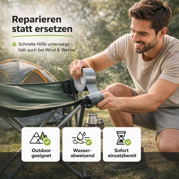 Mann repariert grünen Campingstuhl mit silbernem Gewebeband im Freien. Symbole für Outdoor-Eignung, wasserabweisend und sofort einsatzbereit.