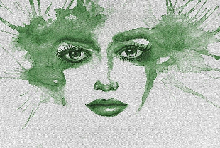 Leinwandbild mit abstraktem Frauenporträt im Aquarell-Stil mit Farbspritzern.