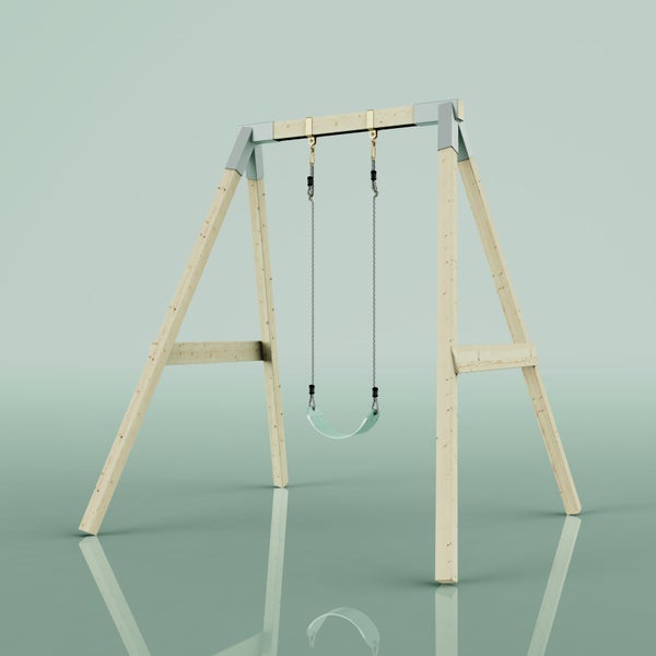 Einzelschaukel aus naturbelassenem Holz mit Metallverbindern und flexiblem Sitz.