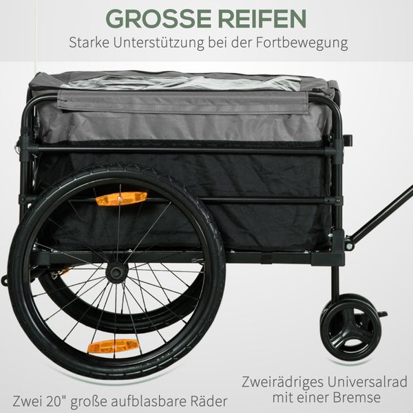 HOMCOM 2-in-1 Fahrradanhänger, Lastenanhänger, 40 kg Belastbarkeit, 130 x 64 x 64/103 cm, Stahl, Oxford-Stoff, Schwarz+Grau