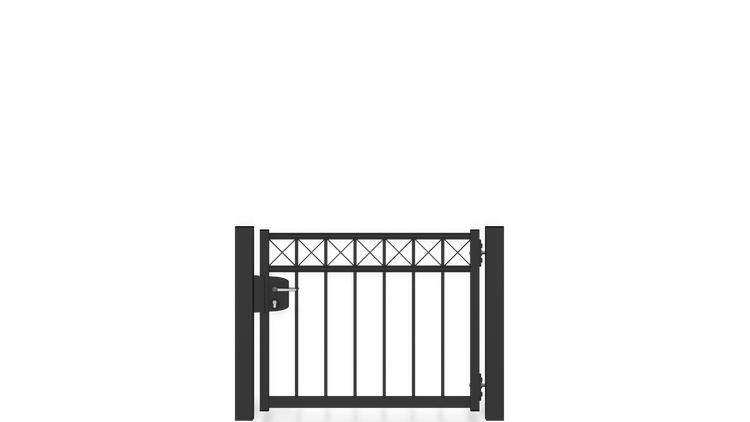 Gartentor ZAUNGURU BASIC-Linie Oldenburg Kreuz aus Metall, Höhe: 83cm, Breite: 123cm, 1-flügelig inkl. Pfosten, Schloss und Zubehör, Feuerverzinkt und in RAL 7016 Anthrazitgrau pulverbeschichtet