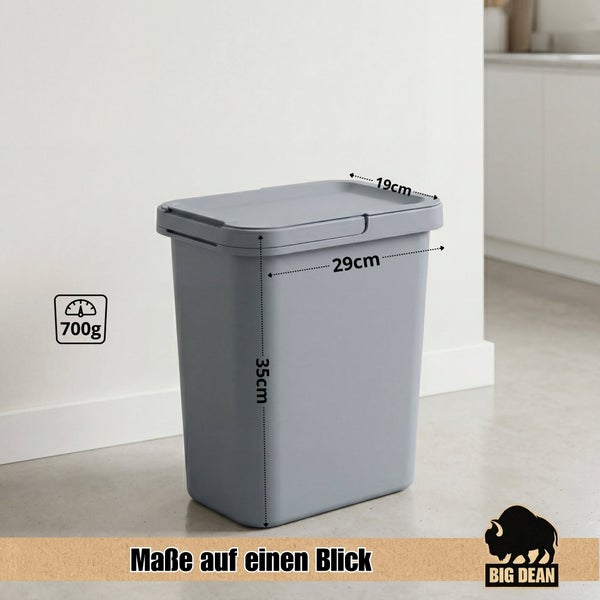 Rechteckiger Mülleimer mit Deckel aus Kunststoff mit Maßangaben 29 mal 19 mal 35 Zentimeter und Gewicht 700 Gramm von Big Dean Logo.