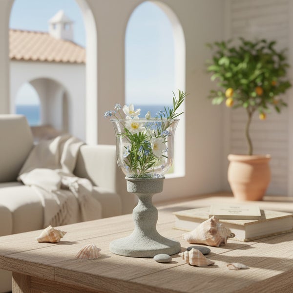 Dekorativer Windlichthalter aus Stein mit Glaseinsatz, gefüllt mit Frühlingsblumen auf einem Holztisch mit Dekoration im mediterranen Stil.