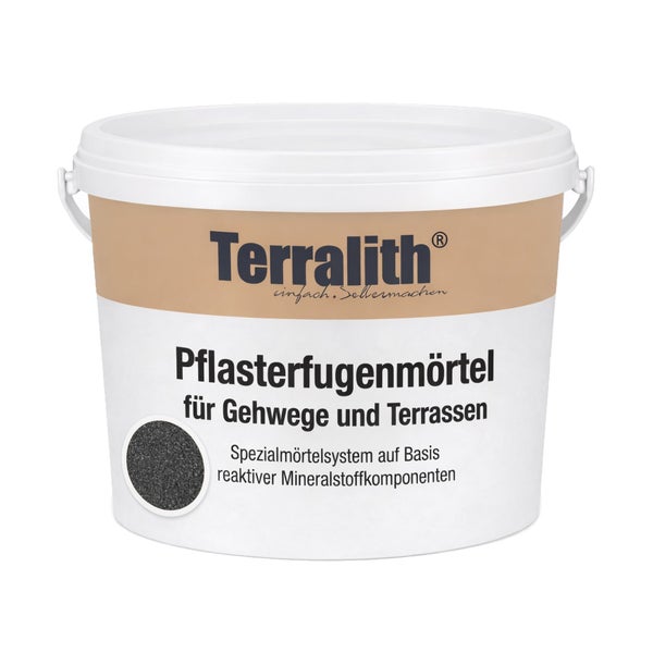 Terralith Pflasterfugenmörtel für Gehwege und Terrassen im weißen Kunststoffeimer.
