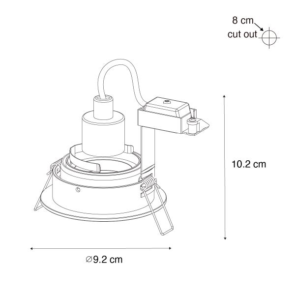 Technische Zeichnung Einbaustrahler: Außendurchmesser 9,2 Zentimeter, Einbauhöhe 10,2 Zentimeter und Lochausschnitt 8 Zentimeter.