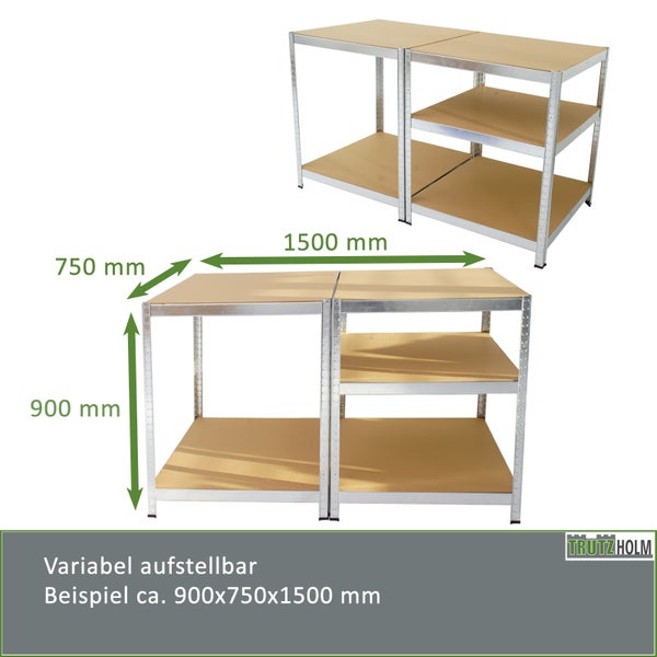 Variables Metall Schwerlastregal mit Holzböden in den Maßen 900x750x1500 Millimeter für flexible Lagerlösungen Trutzholm Logo.
