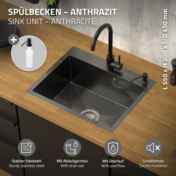 ML-Design Spülbecken Edelstahl 55x45 cm Anthrazit, Küchenspüle Rechteckig, 1 Becken Einbauspüle, Edelstahlspüle mit Ab- und Überlaufgarnitur & Seifenspender, Einzelbecken mit Siphon, Waschbecken Küche