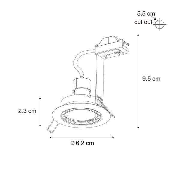 Technische Zeichnung eines Einbaustrahlers: Durchmesser 6,2 Zentimeter, Höhe 2,3 Zentimeter, Einbautiefe 9,5 Zentimeter, Lochausschnitt 5,5 Zentimeter.
