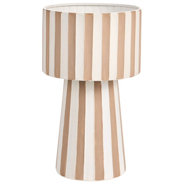 Weiß-beige gestreifter Übertopf aus Metall mit zylindrischem Oberteil und konischem Fuß.