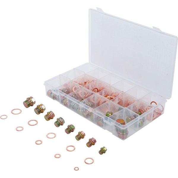 Verschiedene Hohlschrauben und Dichtringe