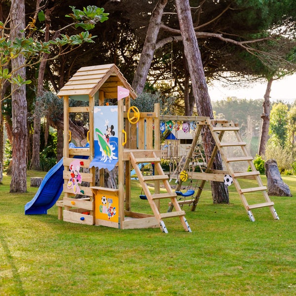 WICKEY Spielturm Disney Mickey Maus und Freunde Story mit Rutsche, Kletteranbau und Doppelschaukel