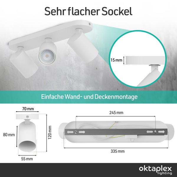 Weißer 3-flammiger Strahler mit 15 Millimeter flachem Sockel, Maße 335 mal 120 Millimeter, Wand- und Deckenmontage. Oktaplex Lighting Logo.
