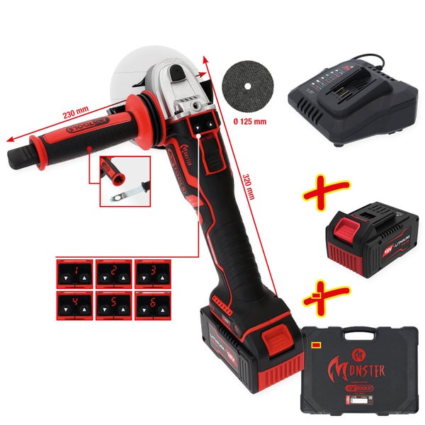 KS Tools Akku-Winkelschleifer Set mit zwei 18 Volt Lithium-Akkus, Ladegerät, Transportkoffer und Trennscheibe mit 125 Millimeter Durchmesser.