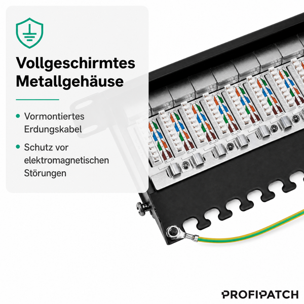 Patchpanel mit vollgeschirmtem Metallgehäuse, LSA-Anschlussleisten und vormontiertem Erdungskabel für Schutz vor elektromagnetischen Störungen. Profipatch Logo.