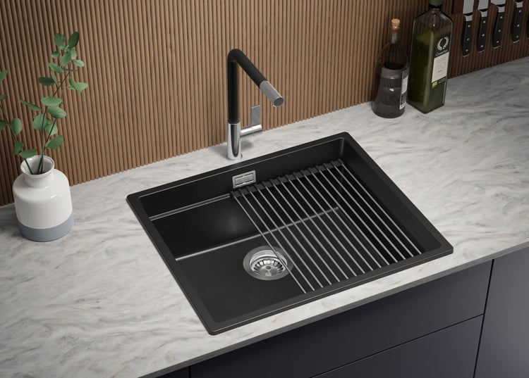 PRIMAGRAN Granitspüle Schwarz Metallic 56x47cm, Spülbecken 1 Becken + Küchenarmatur 32x20cm + Ablauf-Set + Aufrollbare Abtropffläche, Küchenspüle ab 60er Unterschrank - Praga Slim
