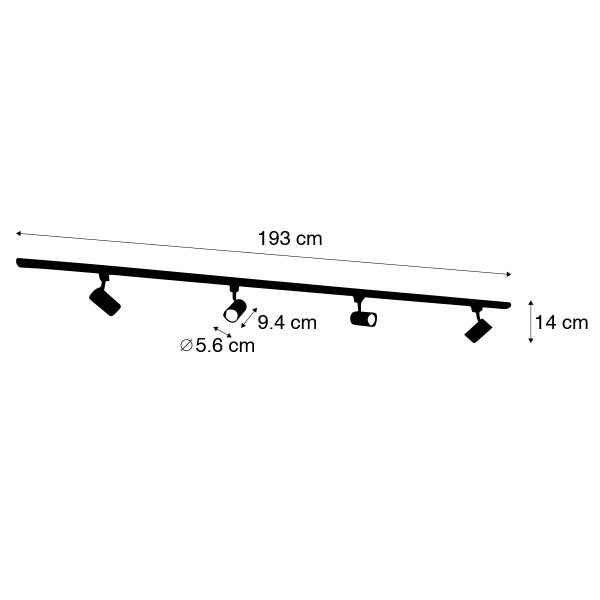 Schienensystem mit 4 Strahlern: Länge 193 Zentimeter, Höhe 14 Zentimeter, Strahlerdurchmesser 5,6 Zentimeter, Länge 9,4 Zentimeter.