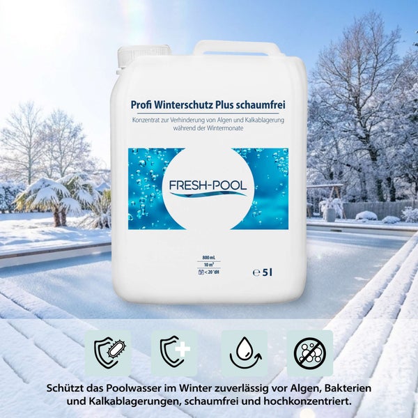 Fünf Liter Kanister Fresh Pool Profi Winterschutz Plus schaumfrei zur Verhinderung von Algen und Kalkablagerungen im Pool während des Winters.