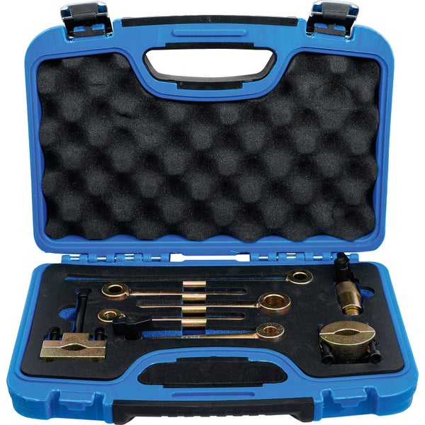 Werkzeugsatz in blauem Kunststoffkoffer mit Schaumstoffeinlage