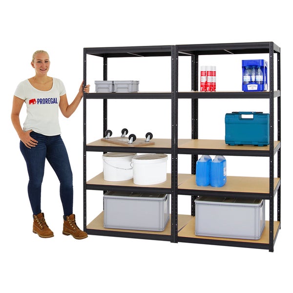 PROREGAL Mega Deal 2x Schwerlastregal Slim Elephant M HxBxT 180 x 90 x 60 cm 5 Ebenen Fachlast 350 kg Schwarz