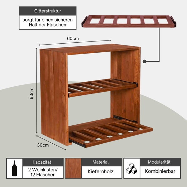 Weinregal aus Kiefernholz mit Gitterstruktur für zwölf Flaschen, Maße sechzig mal sechzig mal dreißig Zentimeter, modular kombinierbar.