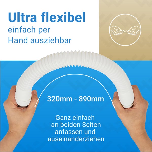 Ultra flexibler weißer Kunststoffschlauch, von Hand ausziehbar von 320 Millimeter bis 890 Millimeter.