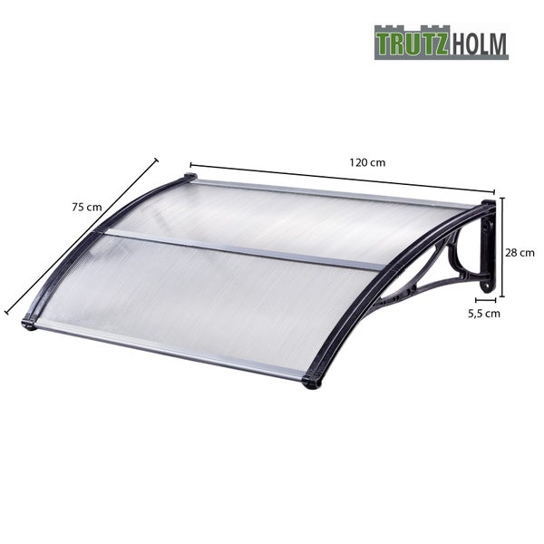 Vordach Trutzholm mit transparenten Polycarbonat Platten und Wandhalterungen, 120 mal 75 Zentimeter