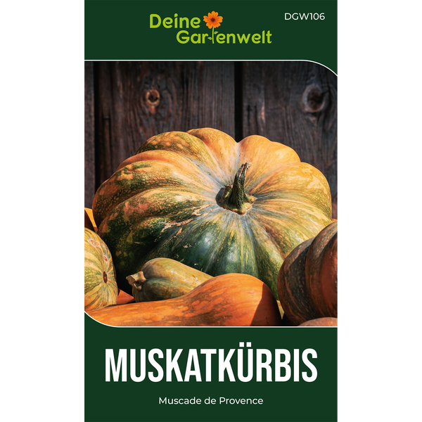 Samentüte für Muskatkürbis Muscade de Provence von Deine Gartenwelt mit Abbildung reifer, gerippter, grün-oranger Früchte vor dunklem Holz.