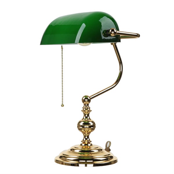Tischleuchte mit grünem Schirm und Messingfuß