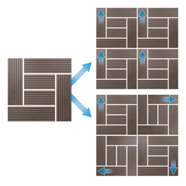 Verlegemuster für Terrassenfliesen in Holzoptik. Darstellung einer einzelnen Fliese und zwei Verlegeoptionen in einer Vierergruppe.