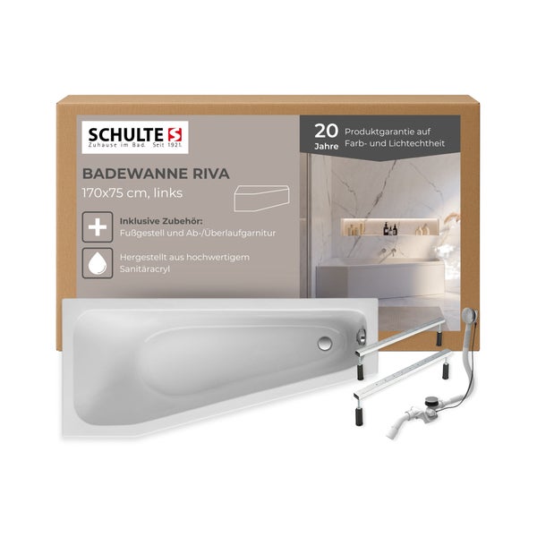 Schulte Riva Badewanne 170x75 Zentimeter, linke Ausführung mit Zubehör und 20 Jahren Produktgarantie auf Farb- und Lichtechtheit