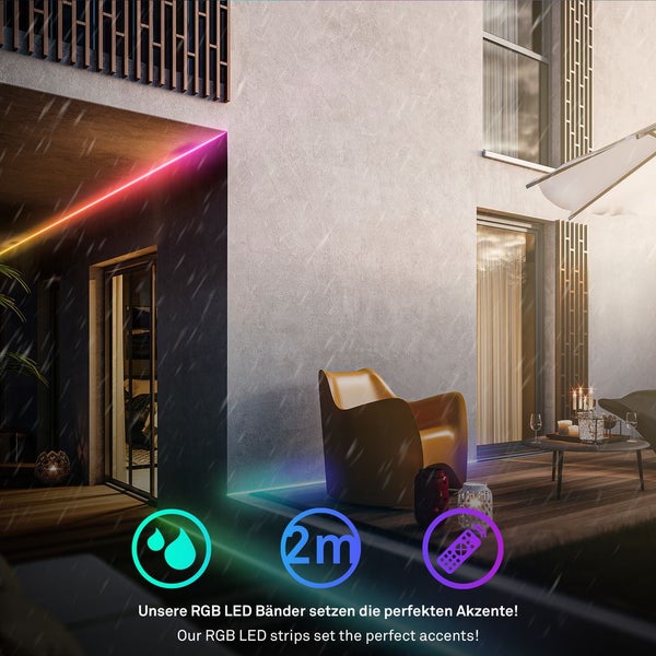 RGB LED Streifen für den Außenbereich an einer Hauswand bei Regen, wassergeschützt, 2 Meter Länge, inklusive Fernbedienung.