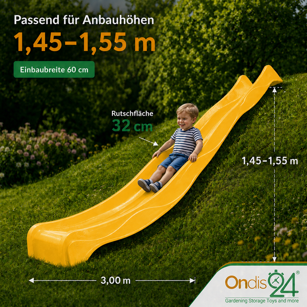 Gelbe Kinderrutsche, Anbauhöhe 1,45 bis 1,55 Meter, Länge 3 Meter, Einbaubreite 60 Zentimeter, Rutschfläche 32 Zentimeter.