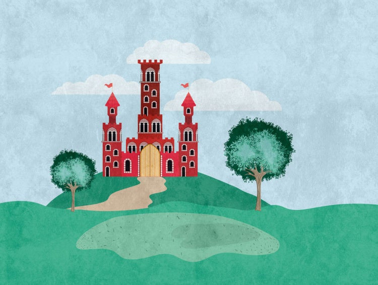 Illustration einer Burg auf einem Hügel mit Bäumen und Wolken