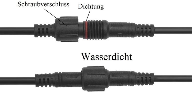 Wasserdichte Kabelsteckverbindung mit Schraubverschluss und Dichtung fuer den Aussenbereich.