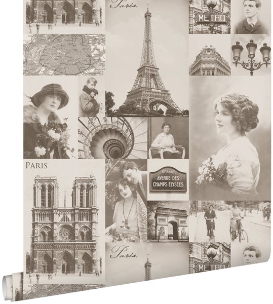 Tapete mit Paris Motiven wie Eiffelturm, Notre Dame und Vintage-Porträts