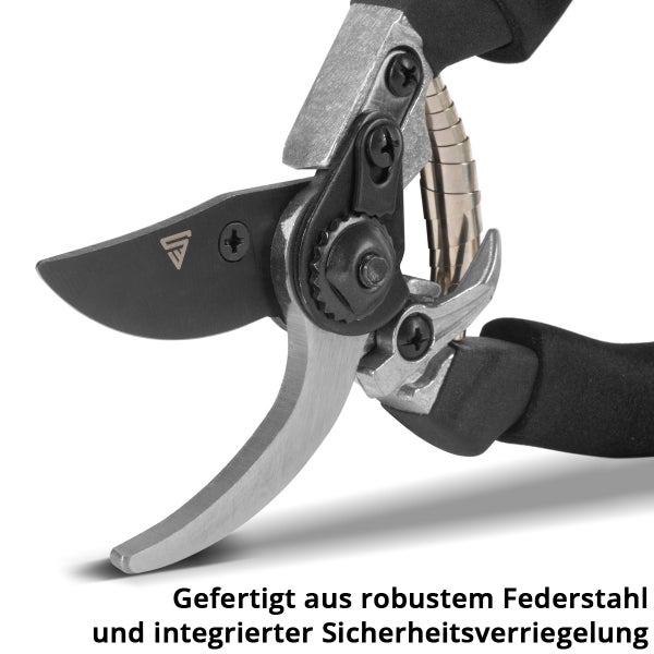 Gartenschere aus Federstahl mit integrierter Sicherheitsverriegelung, Bypass-Klingen und Forq Logo.