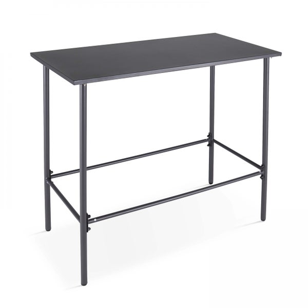 Schwarzer Stehtisch aus Metall mit rechteckiger Tischplatte.