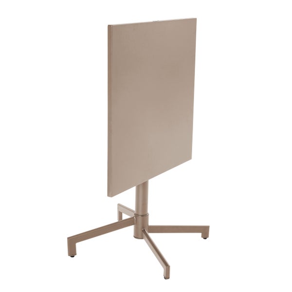 Quadratischer Bistro-Klapptisch aus Metall mit klappbarer Tischplatte und vierbeinigem Untergestell.