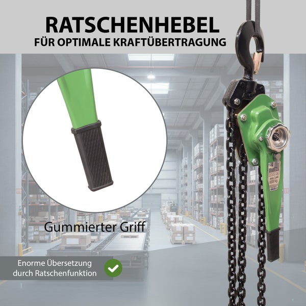 Hebelzug mit Ratschenfunktion und gummiertem Griff für optimale Kraftübertragung in einem Lagerhaus dargestellt.
