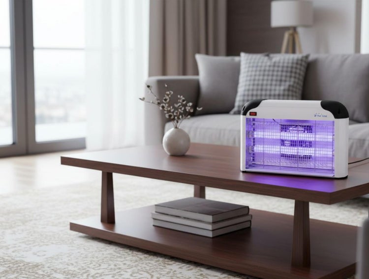 Elektrischer Insektenvernichter mit UV-Licht auf einem hölzernen Couchtisch in einem modernen Wohnzimmer mit Sofa.