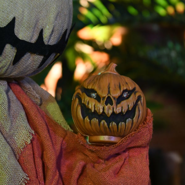 Nahaufnahme einer Halloween-Dekoration mit Vogelscheuche und Kürbis.