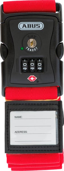 ABUS Logo, Koffergurt mit TSA-Zahlenschloss und Adressschild, rotes Textilband mit schwarzer Kunststoffschließe.