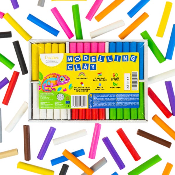 Creative Deco Knetmasse Set mit 60 Stangen in 12 Farben, ungiftig und nicht austrocknend für kreatives Gestalten.