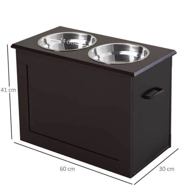 Hundebar aus Holz mit zwei Edelstahlschüsseln und Stauraum. Maße: 60 Zentimeter lang, 30 Zentimeter breit, 41 Zentimeter hoch, Napf 24 Zentimeter.