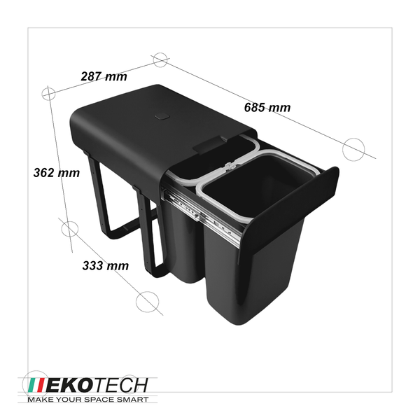 Ekotech Einbaumülleimer ausziehbar mit zwei Eimern. Maße: Höhe 362 Millimeter, Breite 287 Millimeter, Tiefe ausgezogen 685 Millimeter. Ekotech Logo.