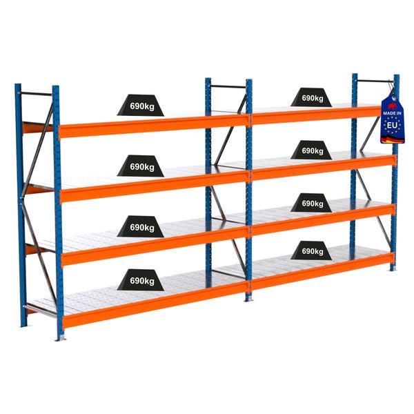 Metallregal mit vier Ebenen und einer Traglast von 690 Kilogramm pro Ebene
