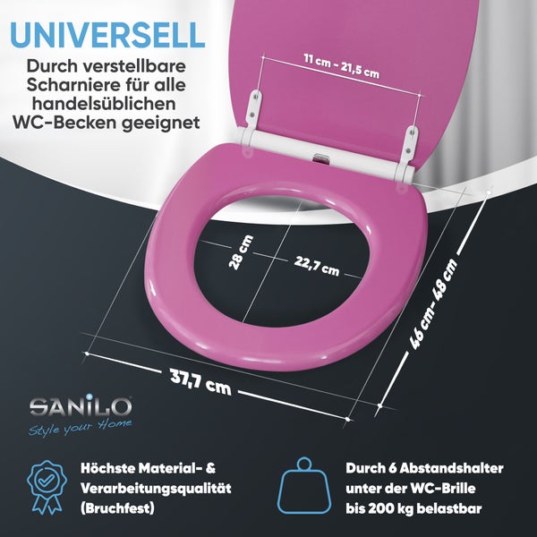 Toilettensitz mit Maßen für Außenmaß, Innenring und Scharnierabstand. Universal passend, bruchfest, belastbar bis 200 Kilogramm. Sanilo Logo.